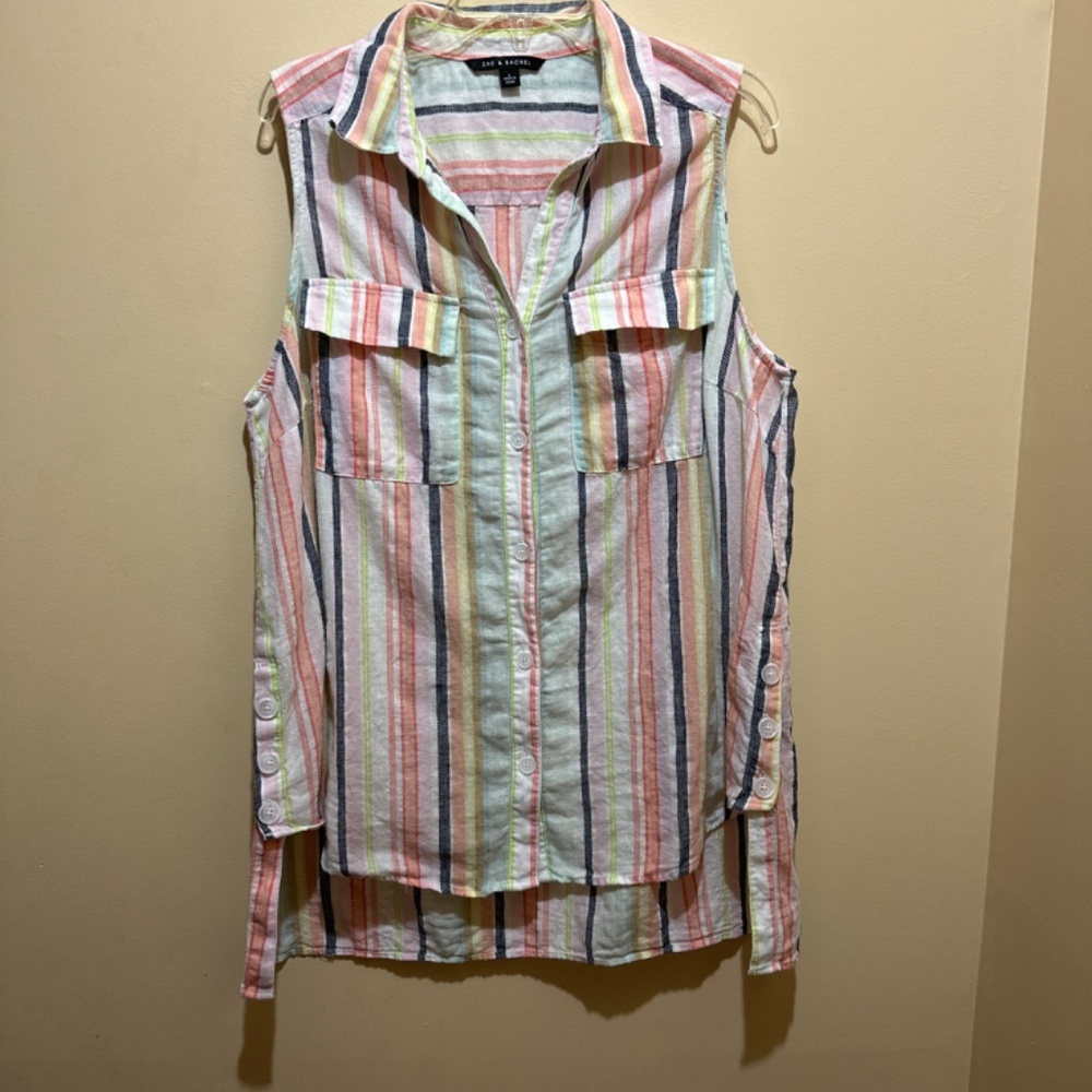 Zac & Rachel Linen blended high low stripe women tank top L